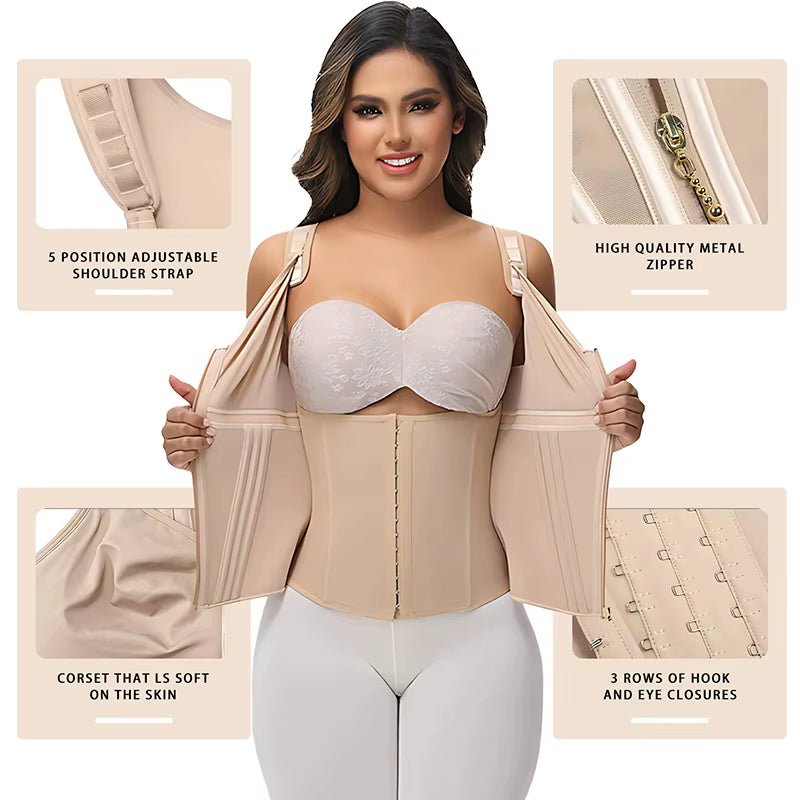 Double Compression Vest Bra Waist Trainer Corset with 17 Steel Bone Flat Belly Strap Slim Body Shaper Fajas Colombianas Girdles