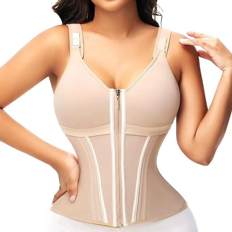 Double Compression Vest Bra Waist Trainer Corset with 17 Steel Bone Flat Belly Strap Slim Body Shaper Fajas Colombianas Girdles